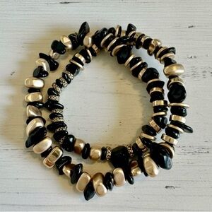 Eclectic Black Jasper & Gold Tone Stretchy Double Wrap Bracelet